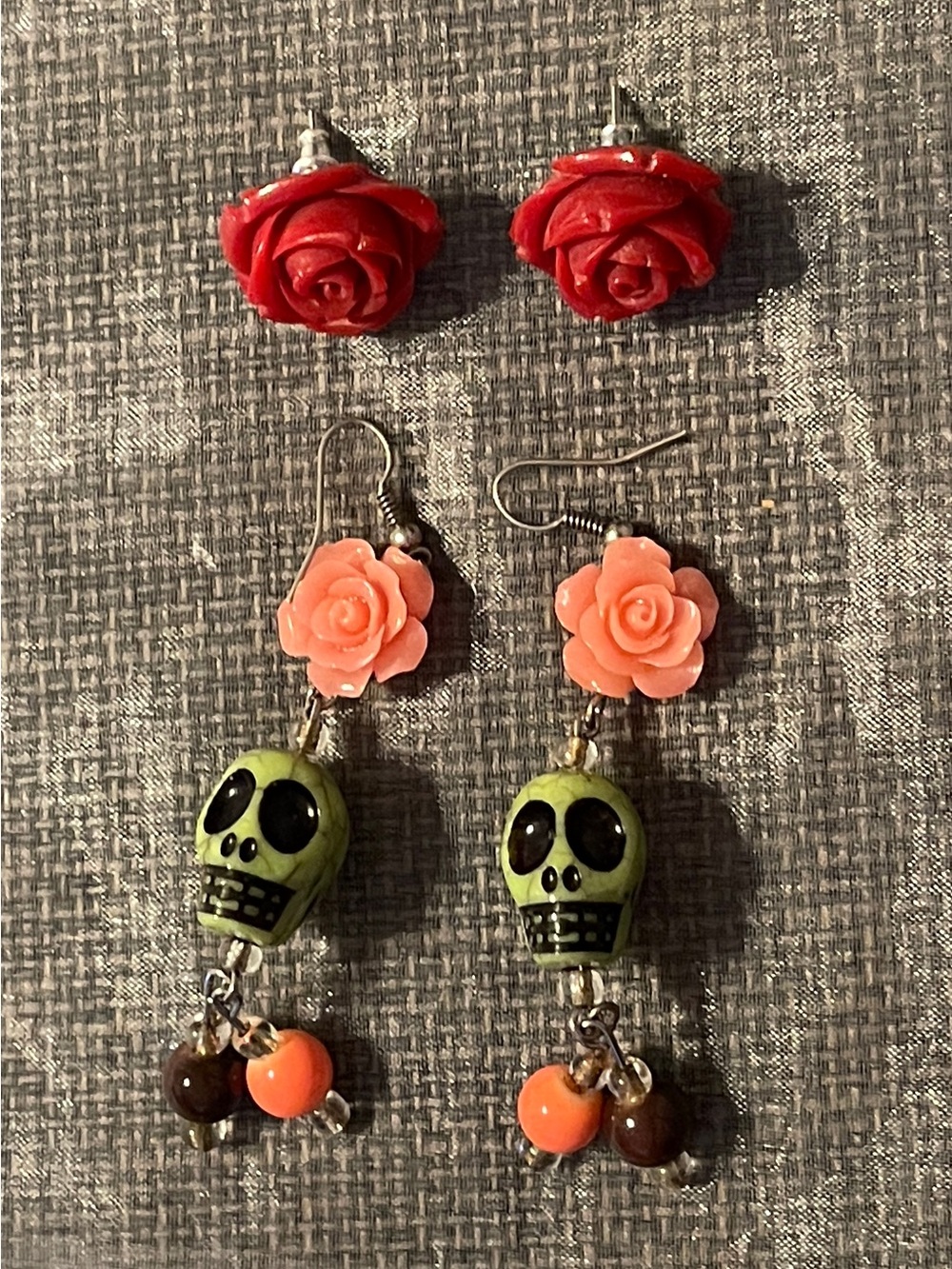 Bohemian Floral Green Skull Dangle and Red Rose Stud Earrings Duo Set